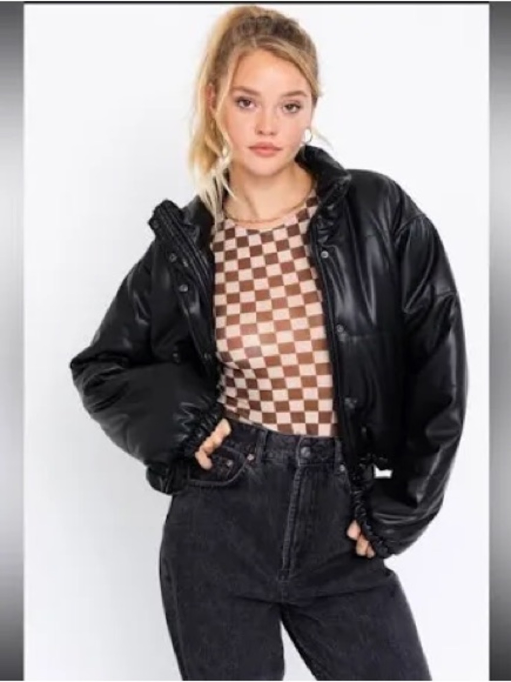 Le Lis Black Faux Leather Cropped Puffer Jacket